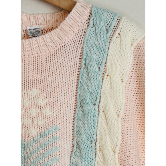 Vintage Country Suburbans Womens XL Pink Blue Short Sleeve Cable Knit Sweater - Picture 4 of 9